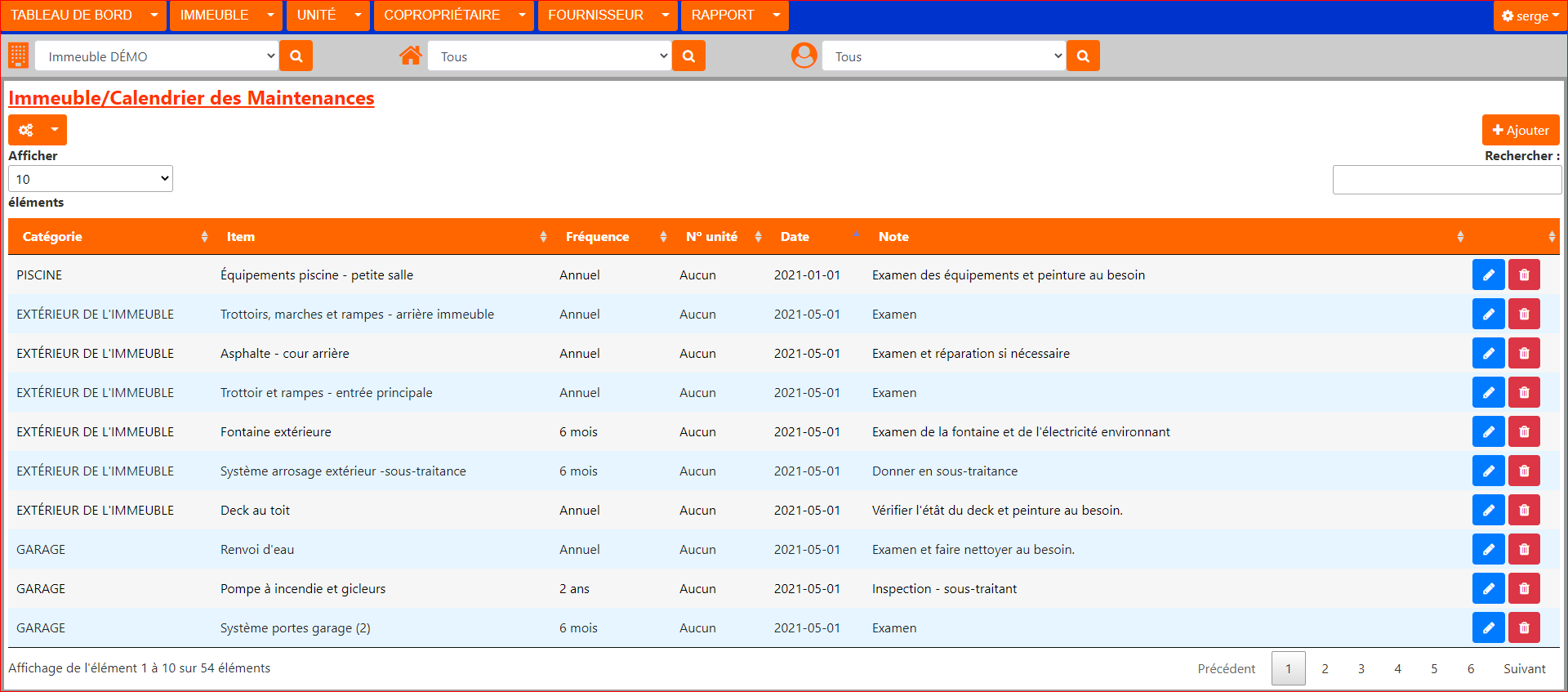 Calendrier des maintenances